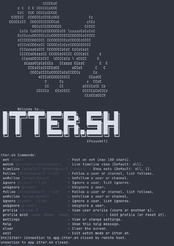 itter sh - 一个基于 SSH 的社交网络我的用户名称是 btc , 欢迎关注 follow btc