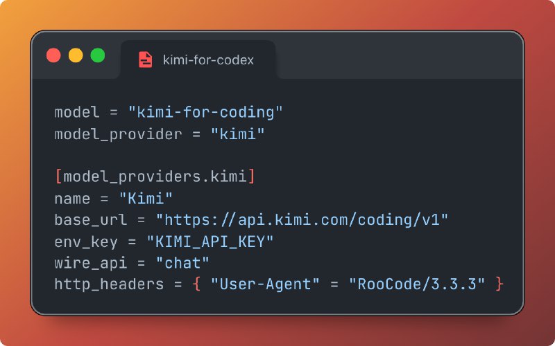 Kimi For Coding 默认不能在 Codex 中使用，你按下方配置后可在 Codex 使用