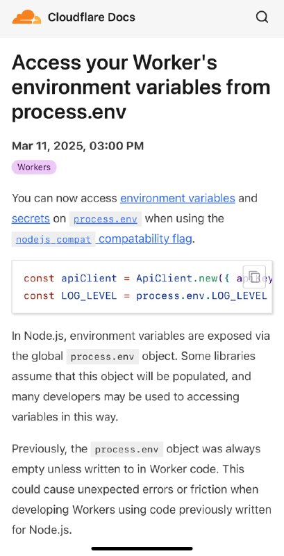 这么多年了，Cloudflare Worker 终于可以从 process.env 读取环境变量了